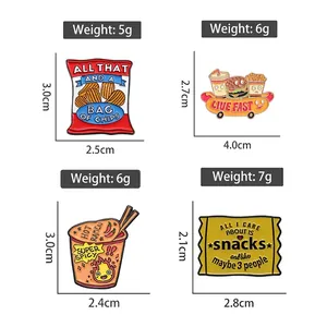 Cartoon food enamel pins collection featuring chips, burgers, and spicy ramen designs