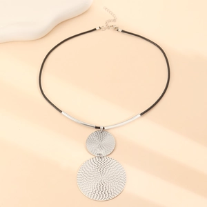 Exaggerated textured double circle pendant necklace with adjustable black rope chain