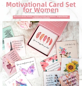 Detail of inspirational cards set with watercolor illustrations in a pink gift box