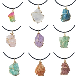 Collection of wire wrapped natural raw stone necklaces in nine vibrant crystal colors