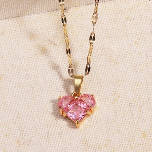 Pink heart crystal pendant on gold plated titanium necklace for women elegant jewelry