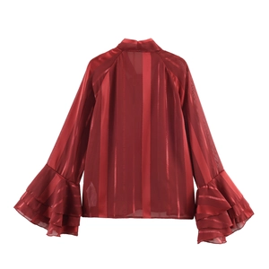 Elegant wine red long sleeve blouse with flare cuffs and vertical stripes on white background