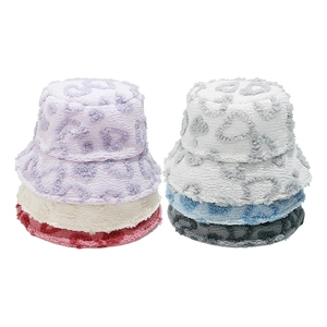 Fleece bucket hat with heart pattern in multiple colors like cream, purple, and blue