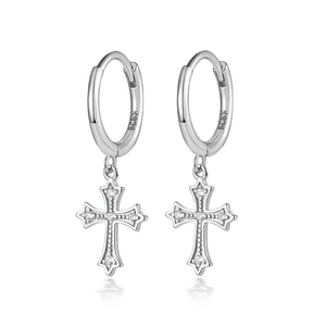 Macro shot of S925 hallmark on silver hoop earring with paved zircon cross pendant