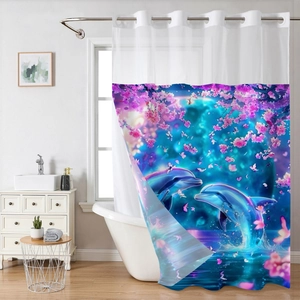 Waterproof Polyester Shower Curtain With Hookless Ring Detachable Liner And Mesh Top Window Art Mermaid Dolphin Pattern