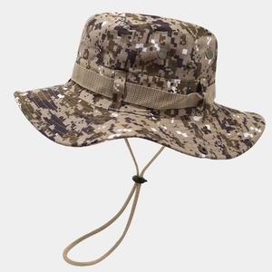 Detailed side view of desert digital camo boonie hat with wind rope and air vents