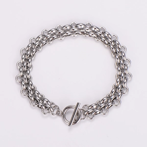 Detail shot of the silver double-row link chain with a classic OT buckle closure