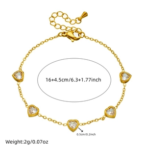 Gold-plated stainless steel heart bracelet with 5 clear crystals and adjustable chain