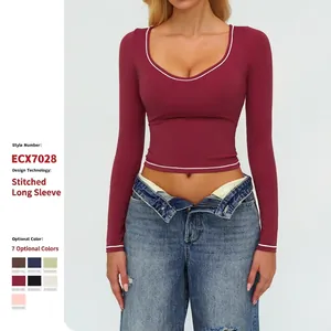 Top da Yoga a Manica Lunga da Donna Spazzolato Cuciture a Contrasto Slim Fit Maglietta Sportiva Corsa Allenamento Fitness Top