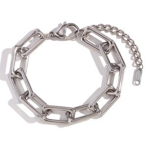 Minimalist silver steel chunky link bracelet with 18K tag and adjustable lobster clasp