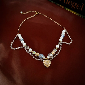 French Vintage Layered Heart Pendant Necklace Alloy Faux Artificial Pearl Crystal Rhinestone For Women Elegant Palace Style Clavicle Chain