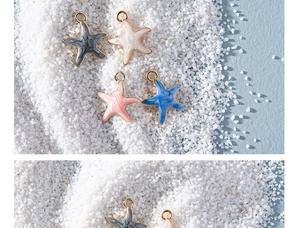 Close-up of colorful starfish charms in gray, white, pink, and blue for DIY jewelry