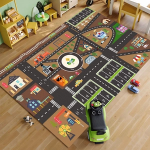 Kids city road map play rug featuring police station and parking for toy cars