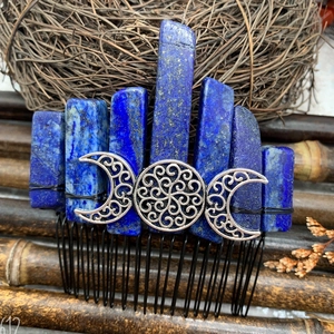 Detail of bohemian lapis lazuli hair comb with silver goddess emblem and wire wrapping