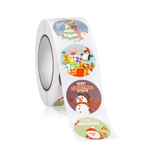 Detailed roll of colorful Christmas stickers featuring Santa and Merry Christmas designs