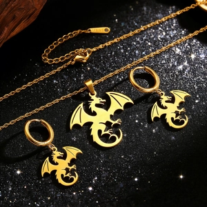 Parure dragon en acier inoxydable doré avec collier à pendentif et boucles d'oreilles
