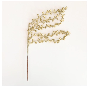 Detailed close-up of a sparkling gold Christmas berry pick with festive glitter finish
