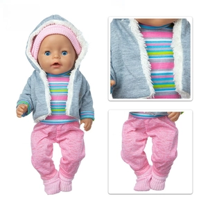 Detail view of plush grey hoodie set for 18 inch dolls including striped shirt and pink pants