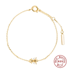 Minimalist S925 sterling silver gold plated bee bracelet with white zircon accents