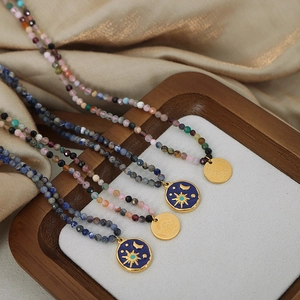 Bohemian natural stone necklace set with celestial enamel and angel coin pendants