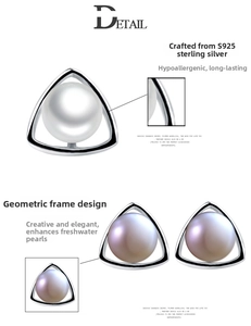 Detail of S925 silver triangle earrings with natural freshwater pearls in white and purple