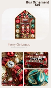 Detailed close-up of festive Christmas ball set with red bus and bear ornaments