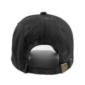Rear view of a solid black cotton twill baseball cap with an adjustable bronze metal buckle