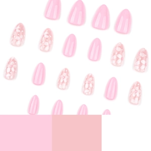 Faux ongles amande rose clair avec motifs de fleurs et de pois blancs élégants