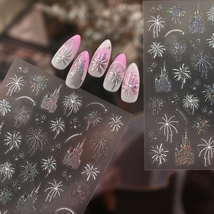 Laser silver fireworks and castle nail art stickers with holographic rainbow effect