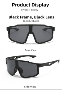Front and side view of matte black oversized sports sunglasses with grey shield lenses