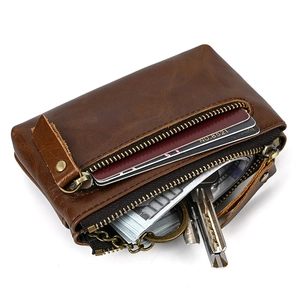Dark brown genuine leather coin purse with triple zippers, key ring and card holder