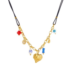 Irregular gold-plated heart sun and evil eye pendant necklace with black wax rope chain
