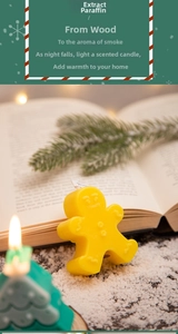 Close-up of yellow gingerbread man and green Christmas tree scented candles for holidays
