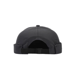 Minimalist dark grey waterproof docker hat with adjustable buckle strap and nylon texture