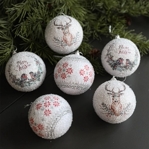 Set of 6 Christmas foam ornaments featuring reindeer, birds, and snowflake patterns