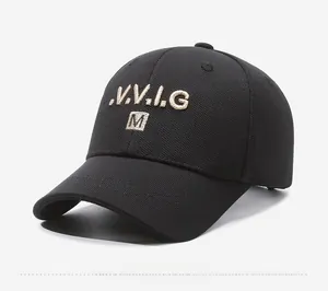 Detailed view of black baseball cap with premium gold V.V.I.G and M embroidery on front