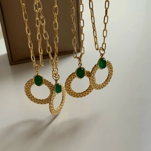Gold twist texture ring necklaces with oval green gemstone pendants in French style