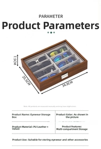 Detailed view of 8-slot faux leather eyewear storage box with precise dimensions shown