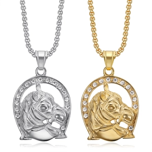 Hip Hop Stainless Steel Horse Head Horseshoe Pendant Necklace Rhinestone Inlaid Personalized Animal Jewelry For Men Women