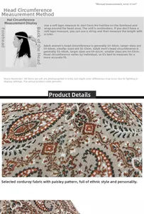 Détails du velours côtelé et guide des tailles pour le bonnet docker à motif paisley