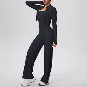 Ensemble de yoga noir 3 pièces avec veste zippée, débardeur et pantalon large