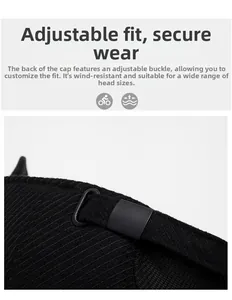 Detail of adjustable back buckle and thick black corduroy texture on winter baseball cap
