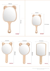 Size chart for wooden handheld mirrors showing various ear shapes and dimensions