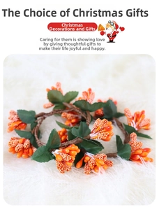 Detail of orange berry wreath with snowy frosted pip berries and green leaves