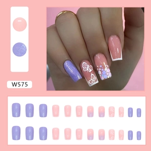 Medium-long sea salt white butterfly french press-on nails with purple glitter finish