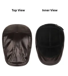 Detailed views of dark brown leather flat cap showing top texture and interior lining
