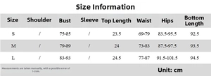 Size chart detail showing measurements for the lace-up camisole and bodycon skirt set