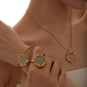 Vintage 18k gold plated brass coin jewelry set including necklace bracelet and ring