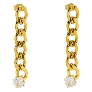 Long gold chain earrings with square zircon pendant in a minimalist fashion design