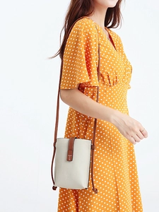 Minimalist beige and brown genuine leather crossbody cell phone bag for women